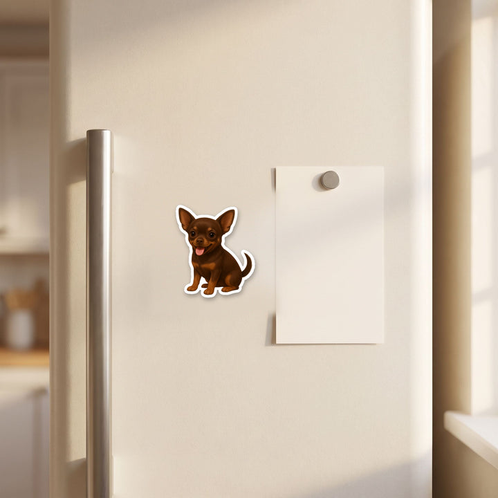 Chihuahua Chocolate watercolor magnet on a refrigerator door