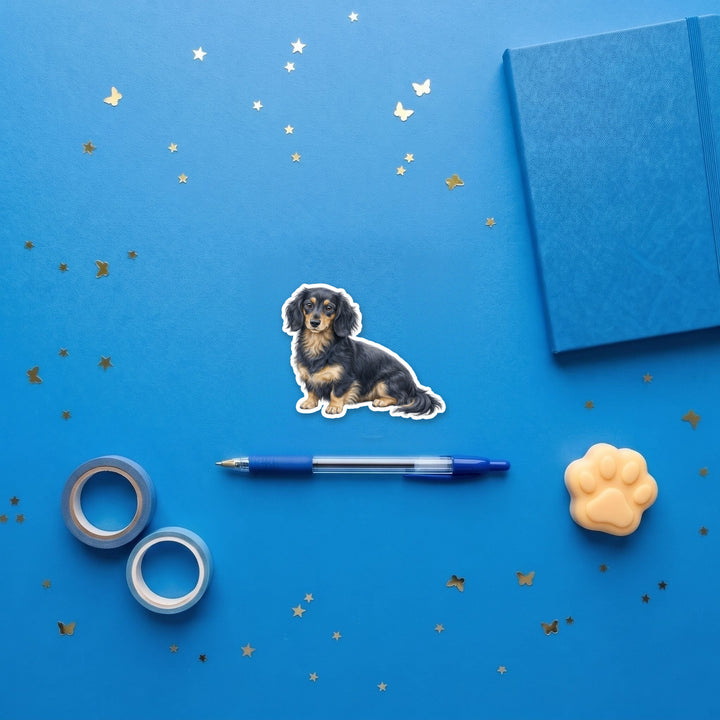Dachshund Blue and Cream Longhair watercolor 3 inch fridge magnet flat lay with blue stationery