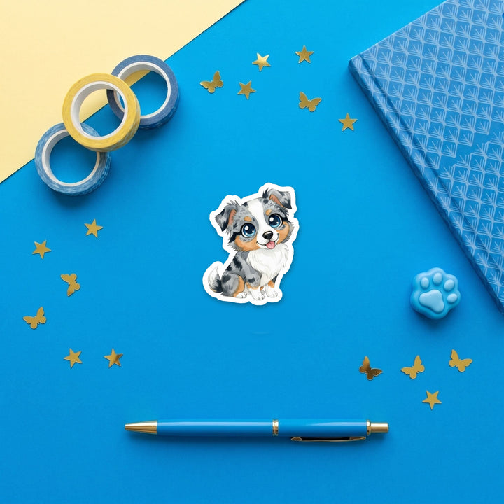 Australian Shepherd Grey Blue Merle kawaii 3 inch fridge magnet flat lay with blue stationery