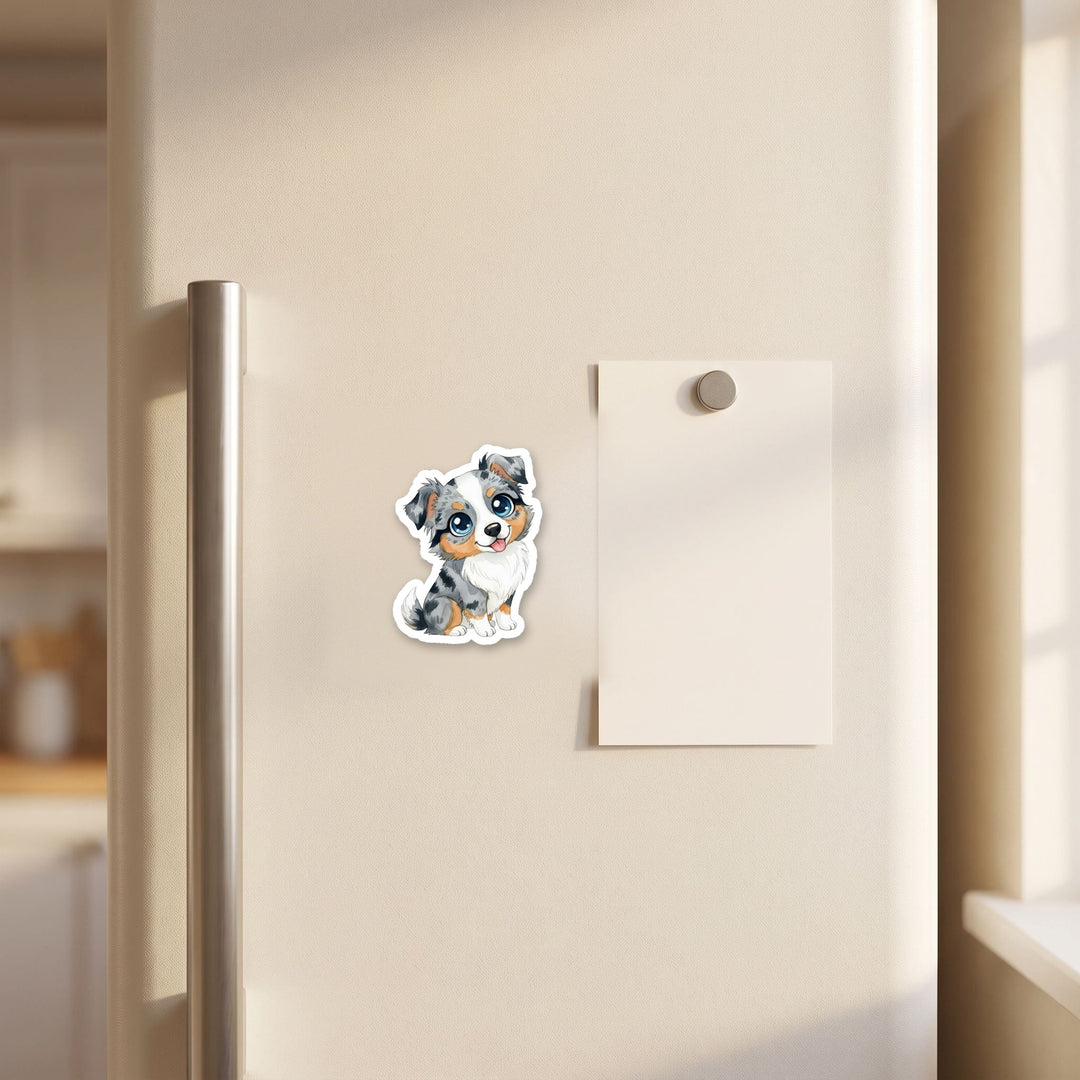 Australian Shepherd Grey Blue Merle kawaii magnet on a refrigerator door