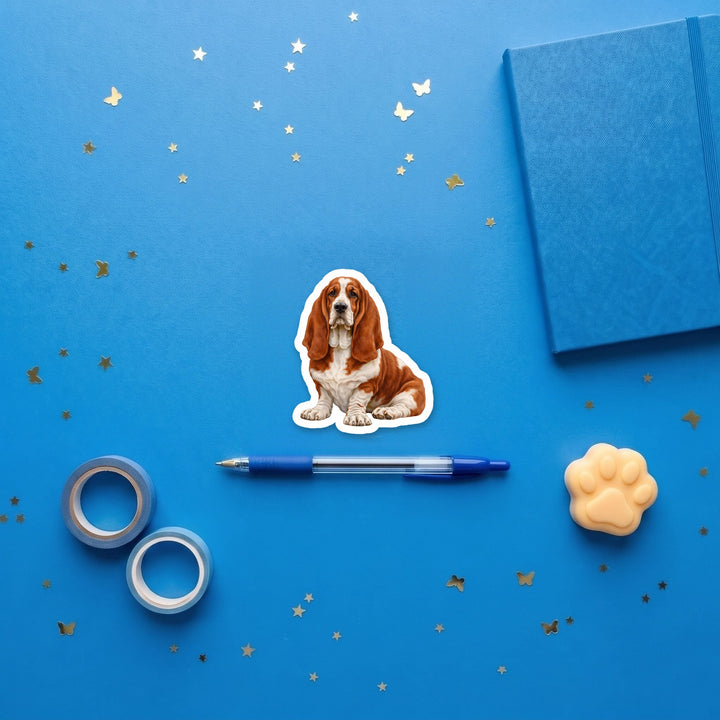 Basset Hound Red and White watercolor 3 inch fridge magnet flat lay with blue stationery