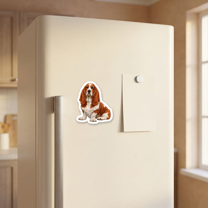 Basset Hound Red and White watercolor magnet on a refrigerator door