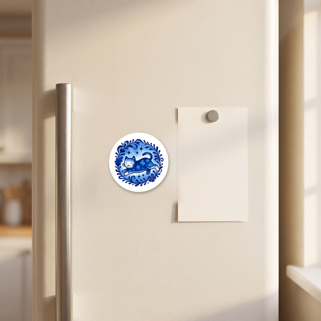 Blue Folk Art Cat magnet on a refrigerator door
