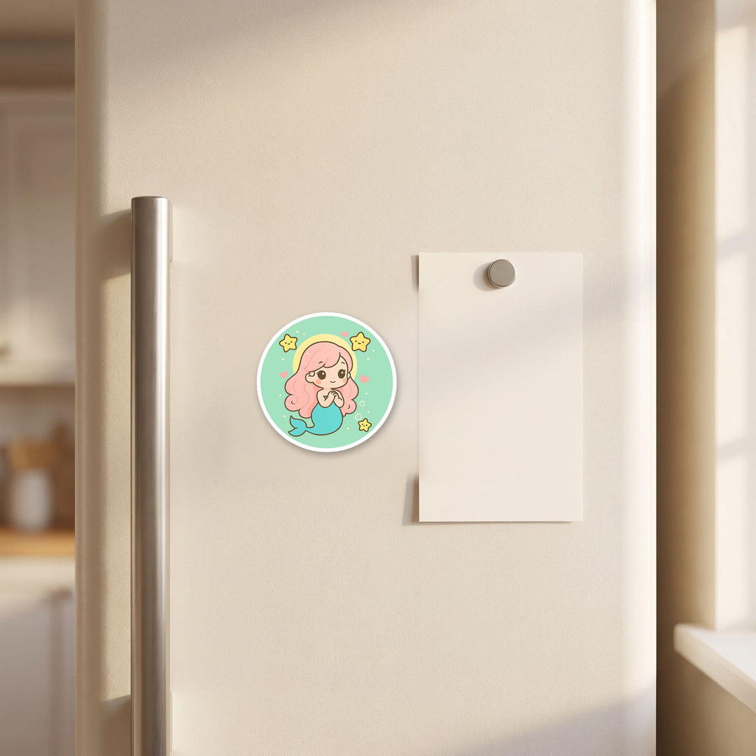 Pink Mermaid kawaii magnet on a refrigerator door