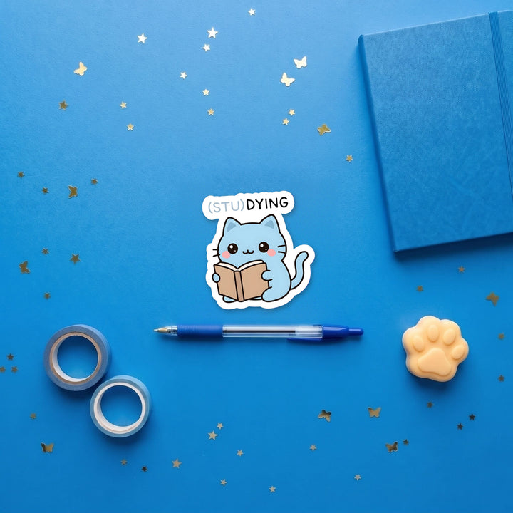 (STU)DYING Blue Cat kawaii 3 inch fridge magnet flat lay with blue stationery