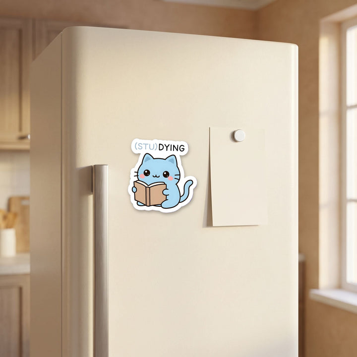 (STU)DYING Blue Cat kawaii magnet on a refrigerator door
