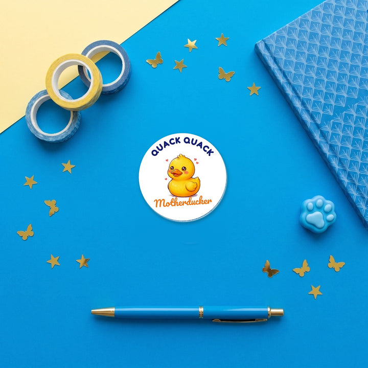 Quack Quack MotherDucker Rubber Duck 3 inch fridge magnet flat lay with blue stationery