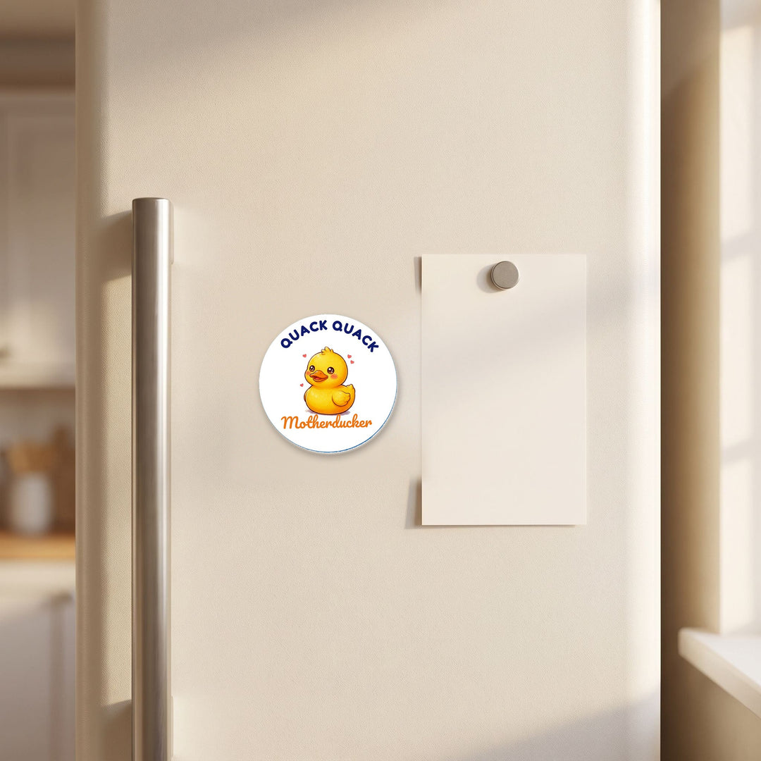 Quack Quack MotherDucker Rubber Duck magnet on a refrigerator door