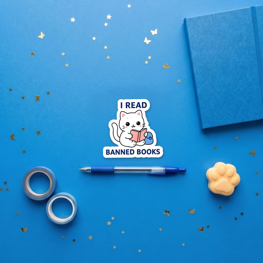 I Read Banned Books 3 inch fridge magnet flat lay with blue stationery