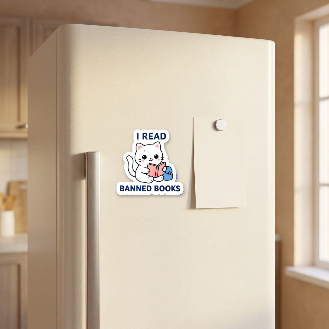 I Read Banned Books magnet on a refrigerator door