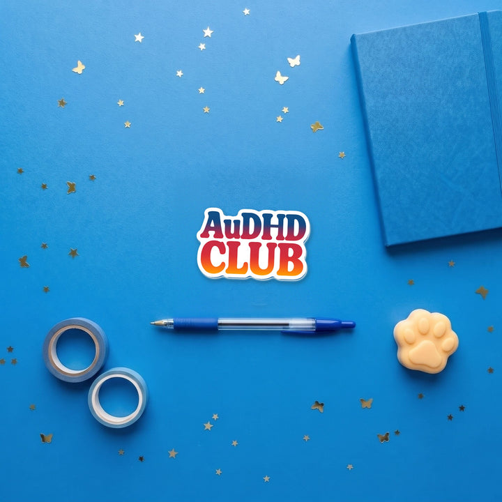AuDHD CLUB 3 inch fridge magnet flat lay with blue stationery