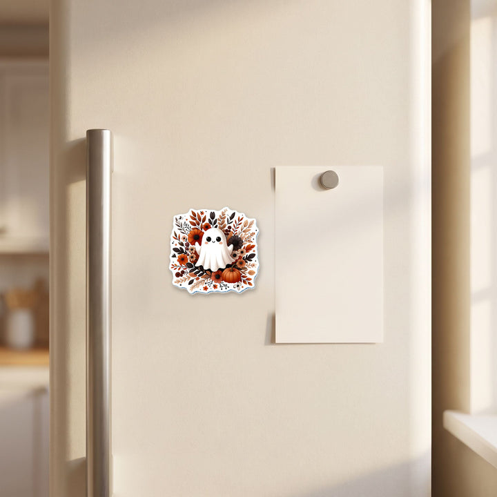 Cute Ghost with Floral Wreath magnet on a refrigerator door