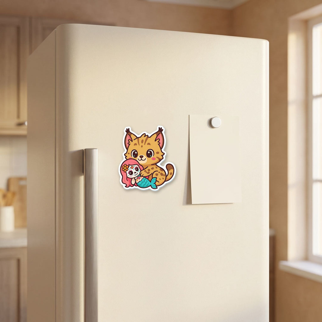 Lynx Hugging Mermaid magnet on a refrigerator door