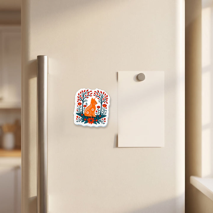 Folk Art Fox magnet on a refrigerator door