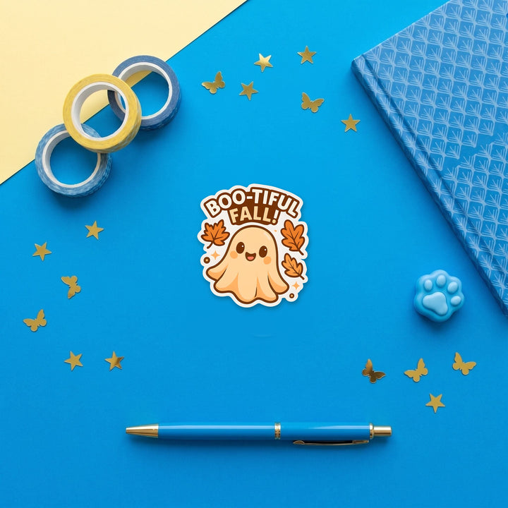 Boo-tiful Fall Ghost 3 inch fridge magnet flat lay with blue stationery