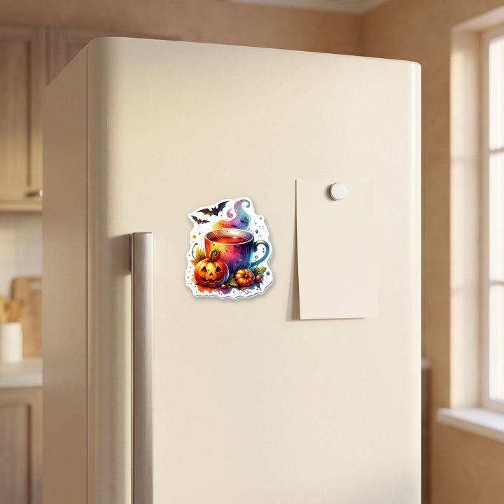 Witchy Halloween Mug magnet on a refrigerator door