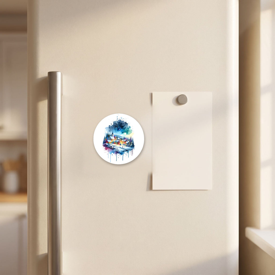 Winter Village watercolor magnet on a refrigerator door