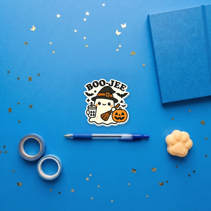 BOO-JEE Ghost 3 inch fridge magnet flat lay with blue stationery