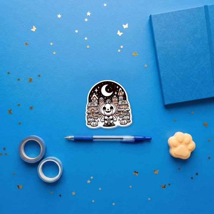 Pumpkin Town Halloween 3 inch fridge magnet flat lay with blue stationery
