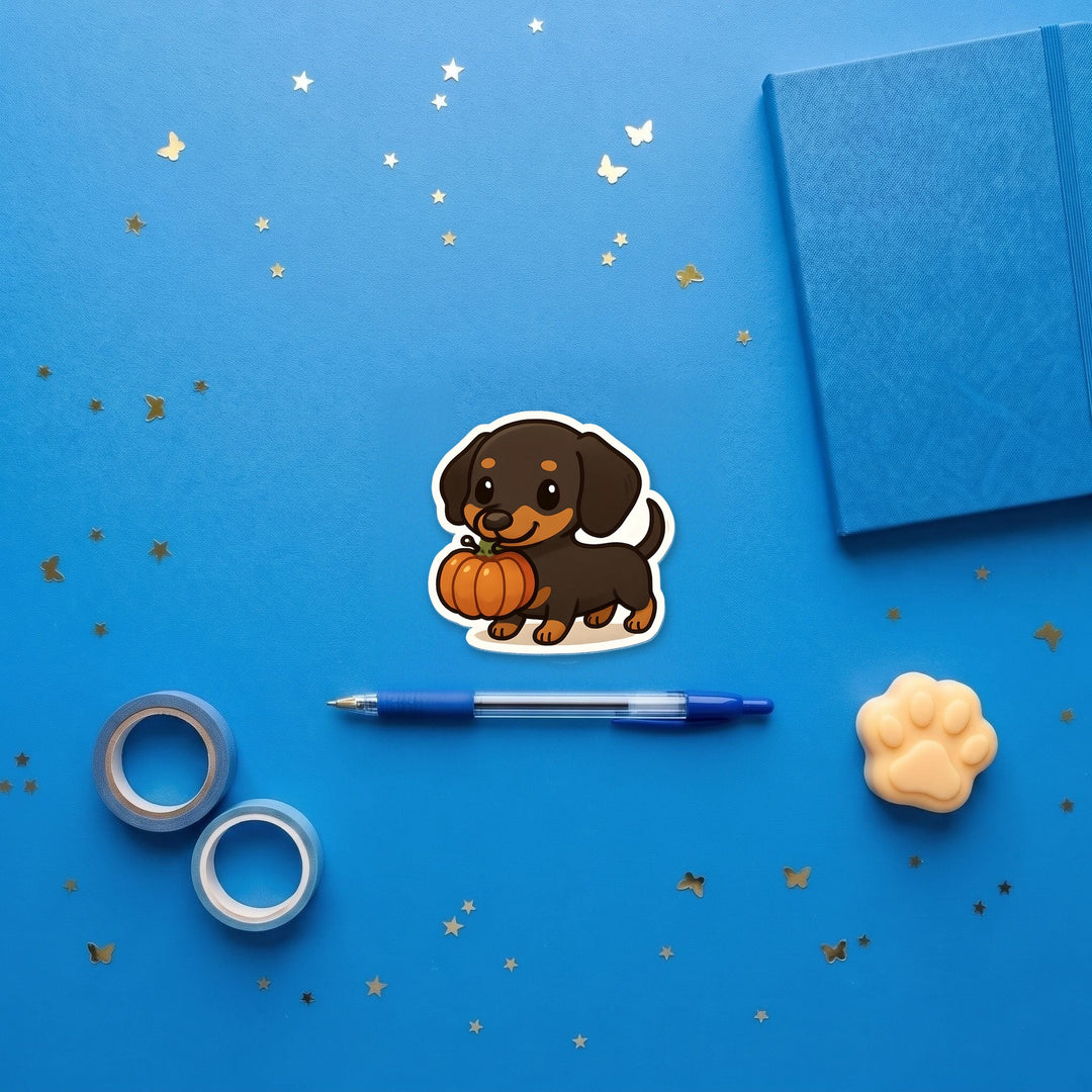 Halloween Dachshund 3 inch fridge magnet flat lay with blue stationery