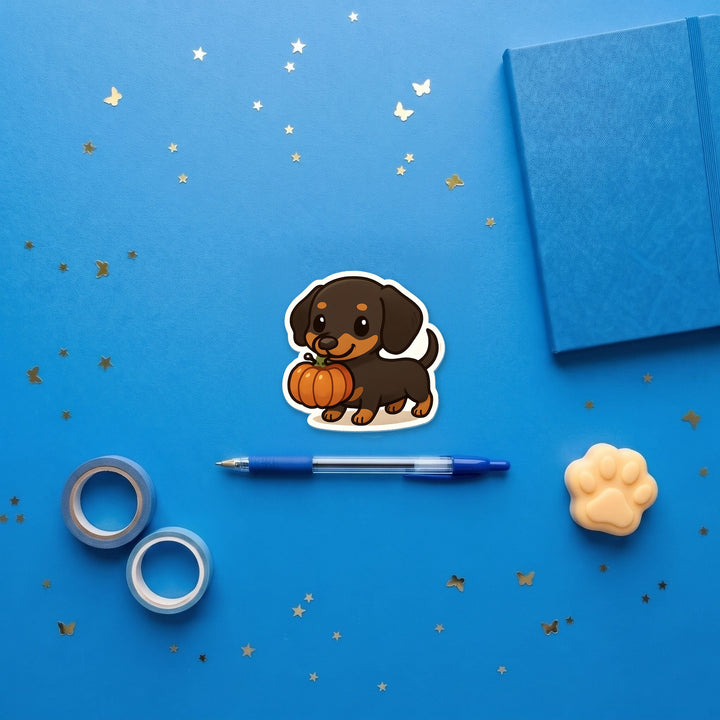 Halloween Dachshund 3 inch fridge magnet flat lay with blue stationery