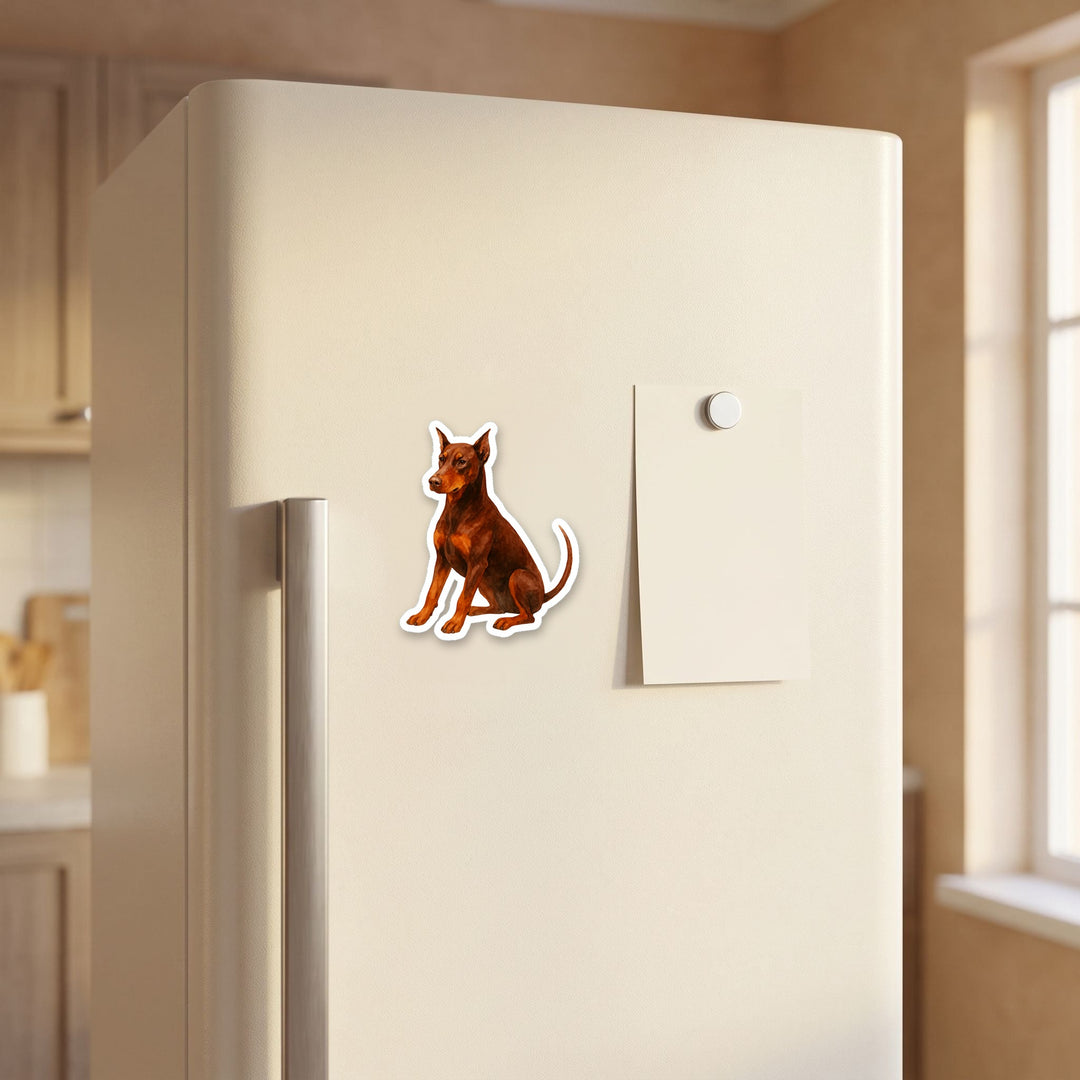 Doberman Pinscher Red and Rust watercolor magnet on a refrigerator door