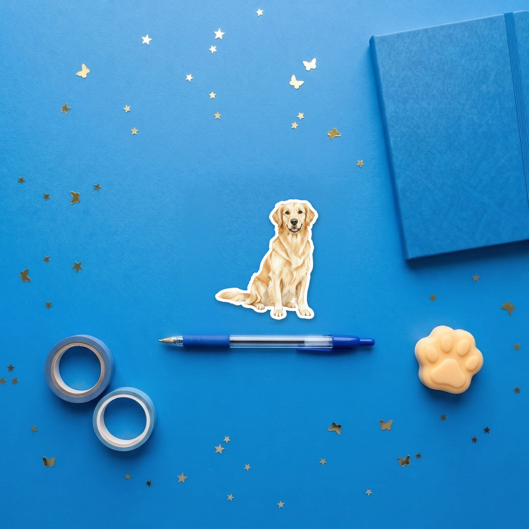 Golden Retriever Light Golden watercolor 3 inch fridge magnet flat lay with blue stationery