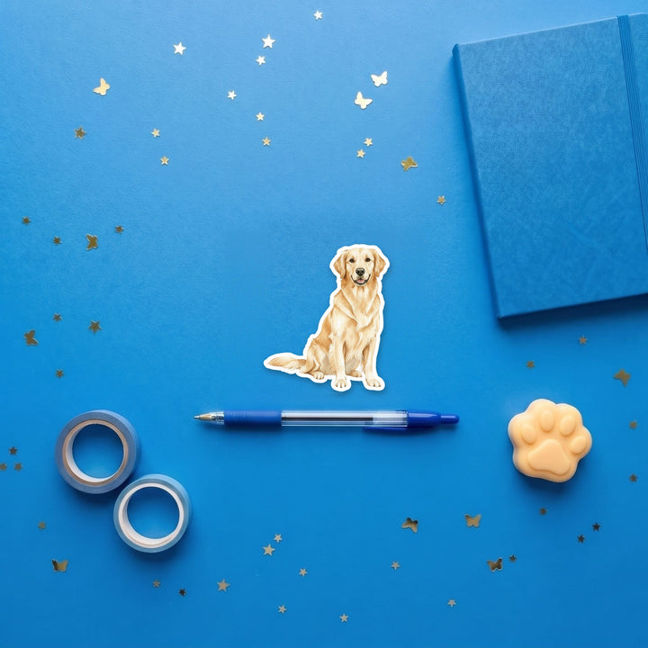 Golden Retriever Light Golden watercolor 3 inch fridge magnet flat lay with blue stationery