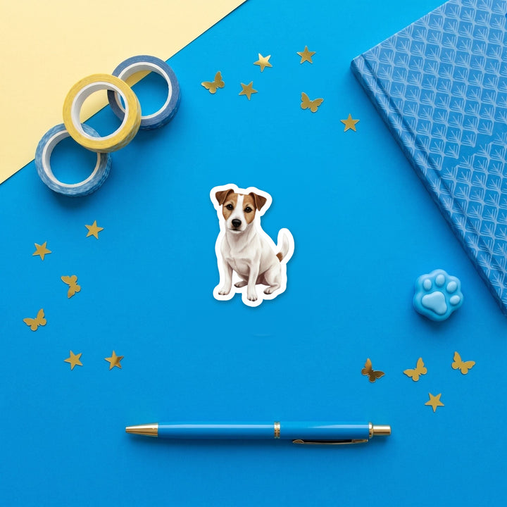 Russell Terrier watercolor 3 inch fridge magnet flat lay with blue stationery