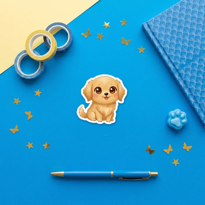 Golden Retriever Light Golden kawaii 3 inch fridge magnet flat lay with blue stationery