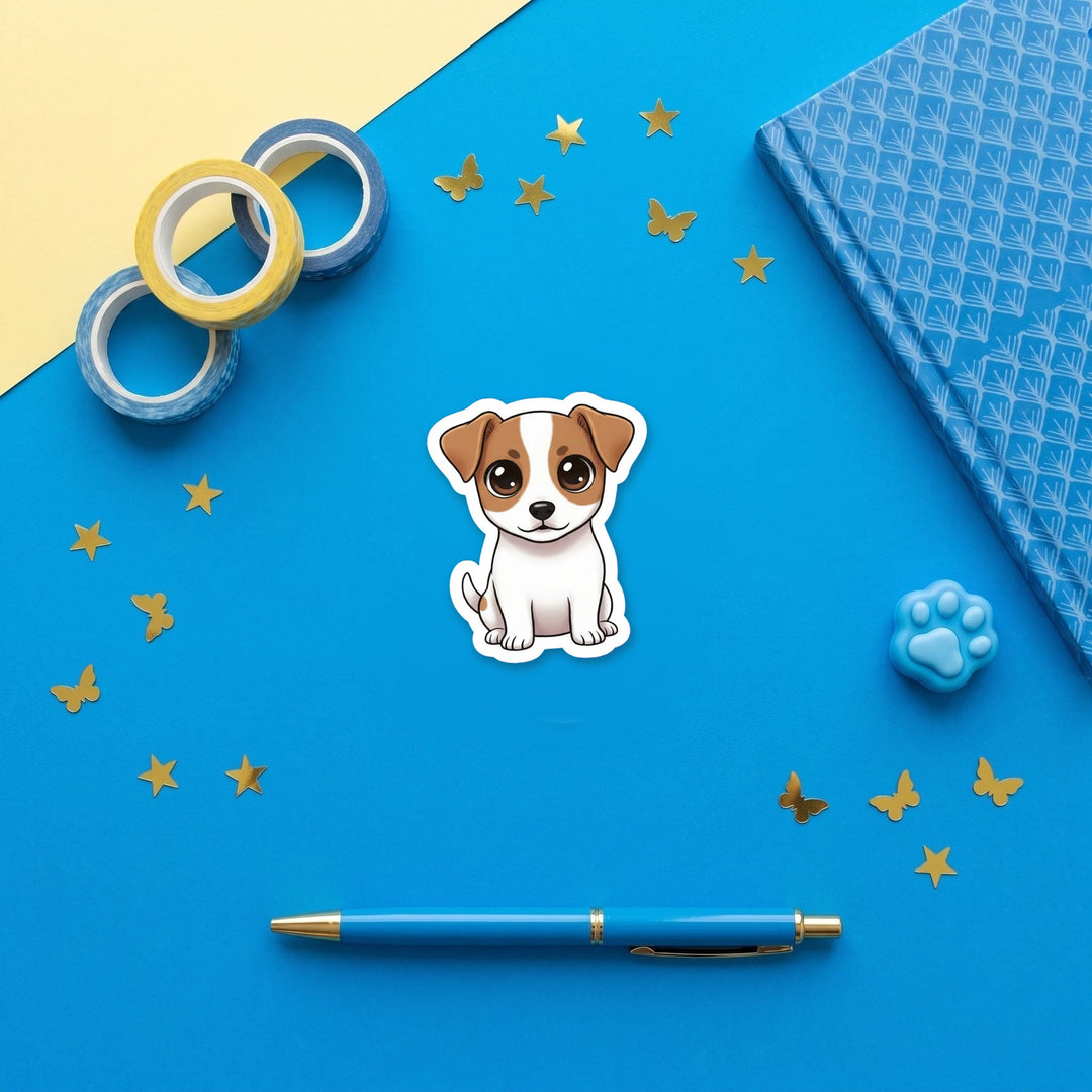 Russell Terrier kawaii 3 inch fridge magnet flat lay with blue stationery