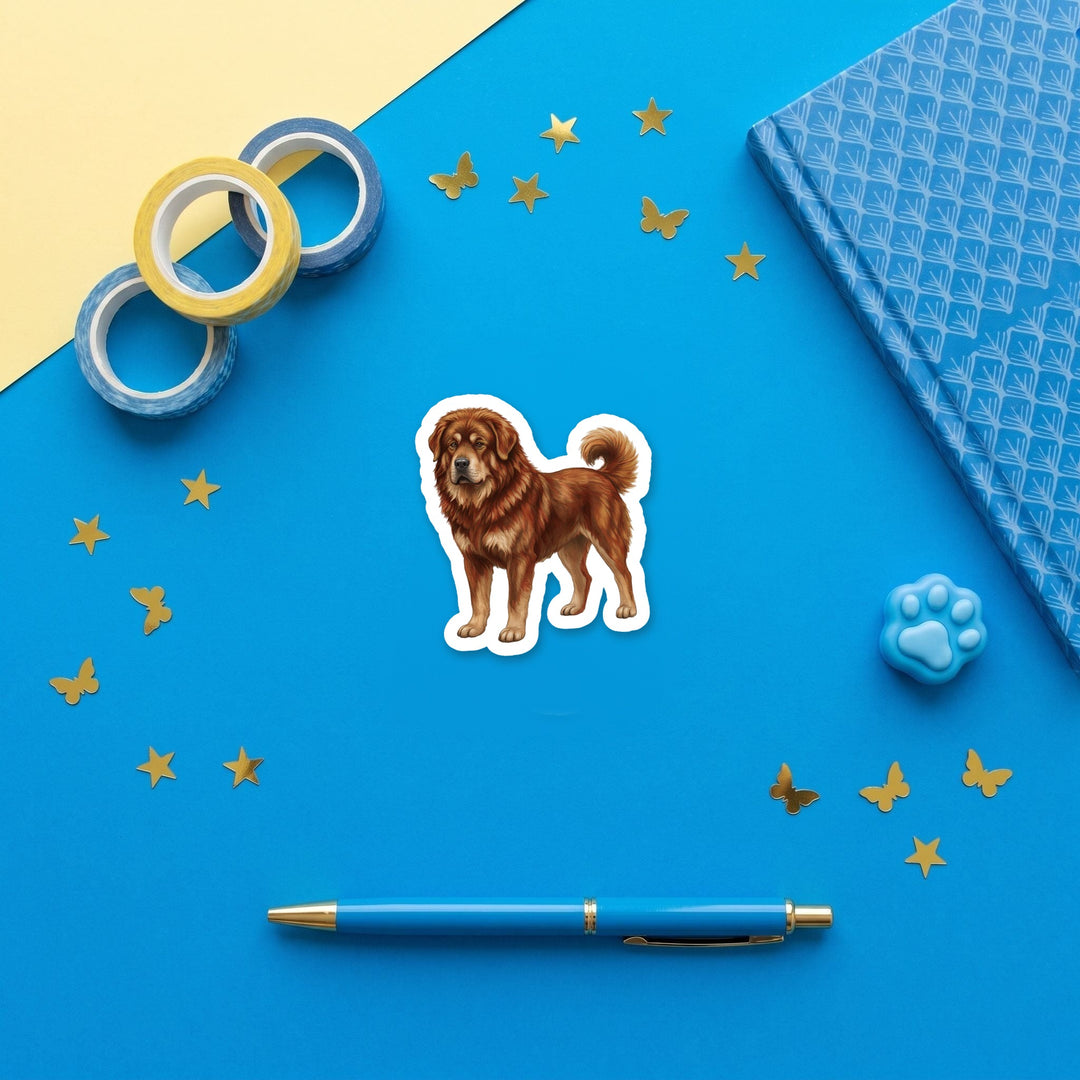 Tibetan Mastiff Red Gold watercolor 3 inch fridge magnet flat lay with blue stationery