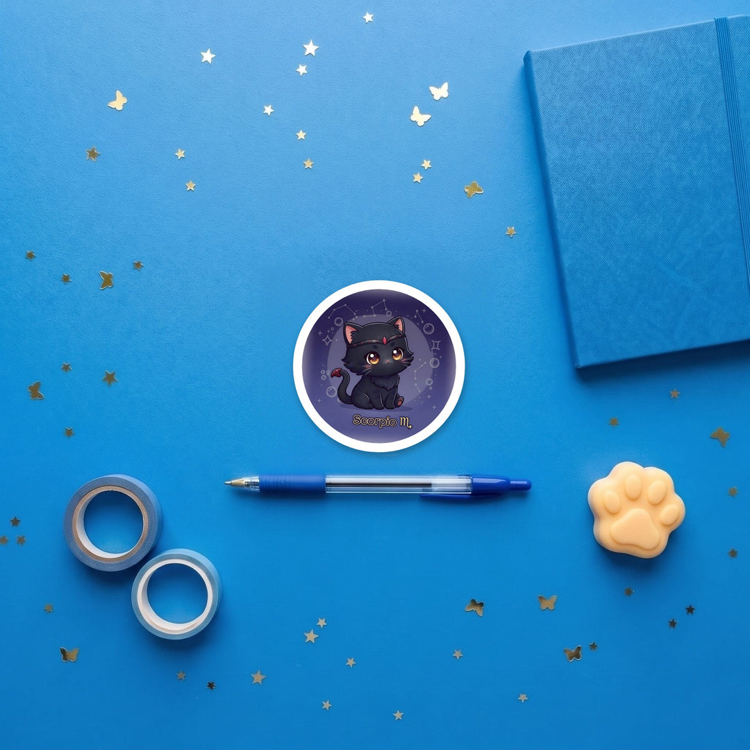 Zodiac Scorpio Cat 3 inch fridge magnet flat lay with blue stationery
