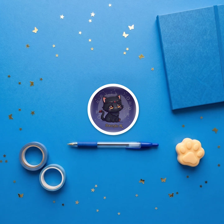 Zodiac Scorpio Cat 3 inch fridge magnet flat lay with blue stationery
