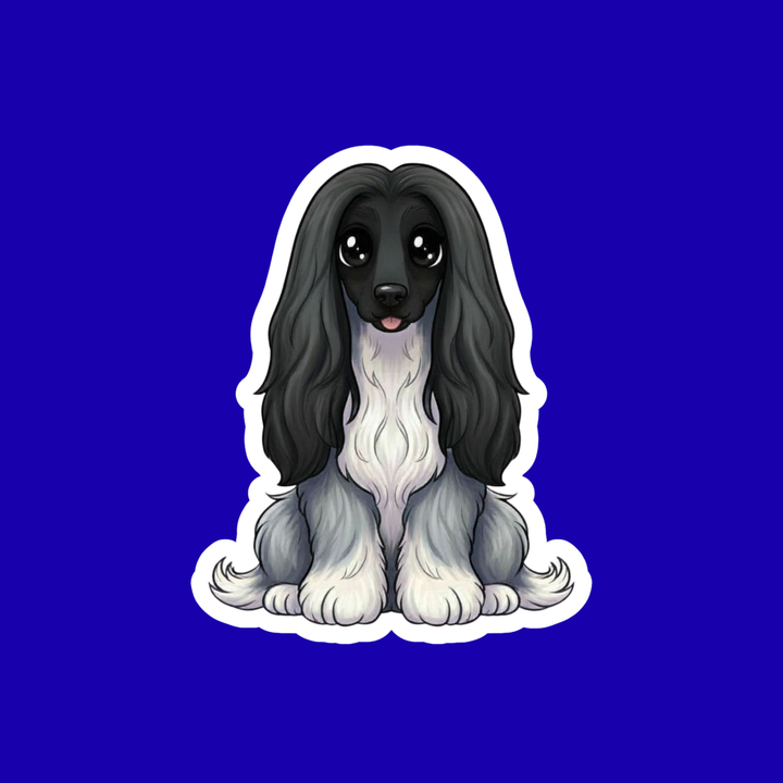 Cartoon dog sticker with long hair on a blue background