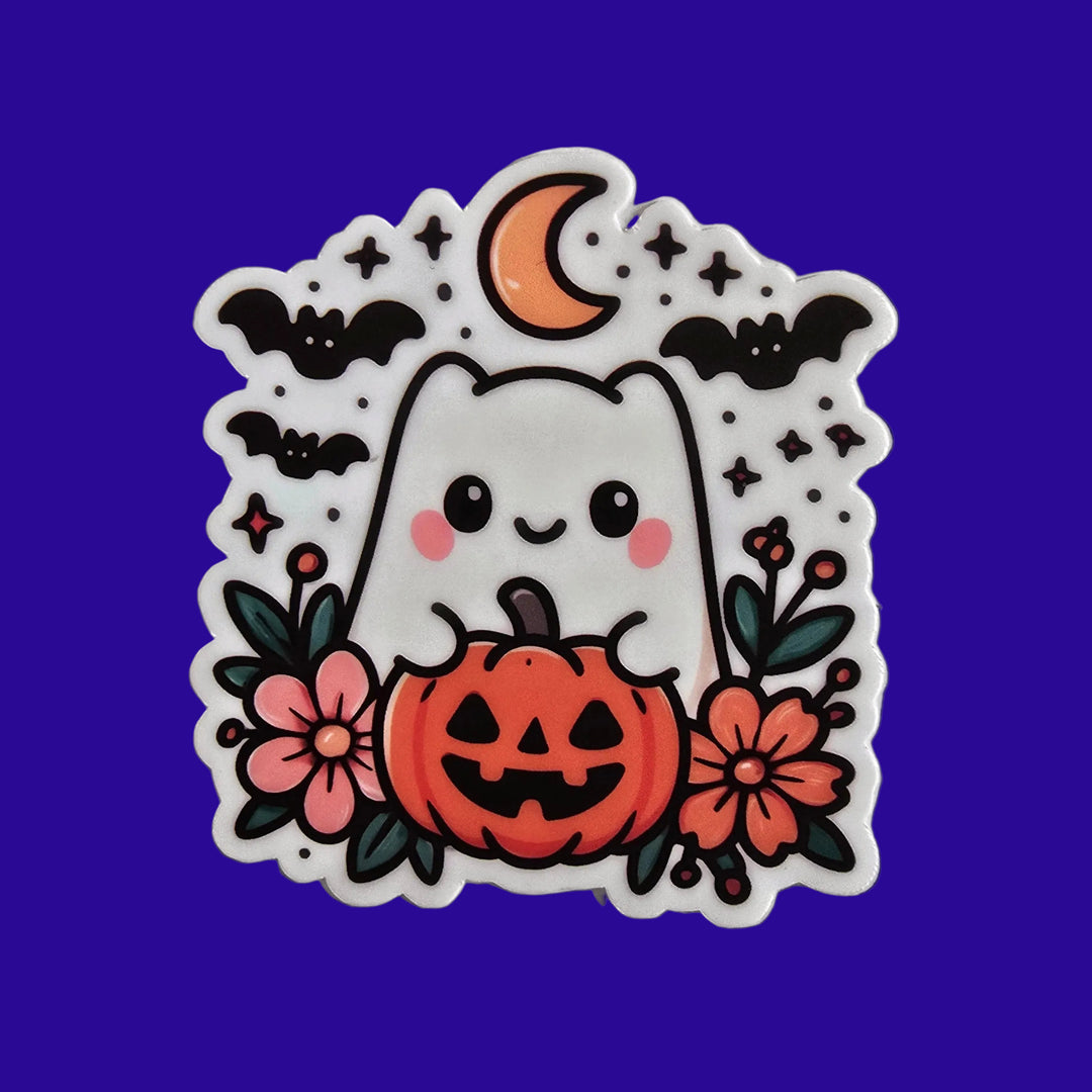 Cute vinyl die-cut Halloween sticker featuring a smiling ghost inside a jack-o’-lantern, surrounded by flowers, bats, stars, and a crescent moon.