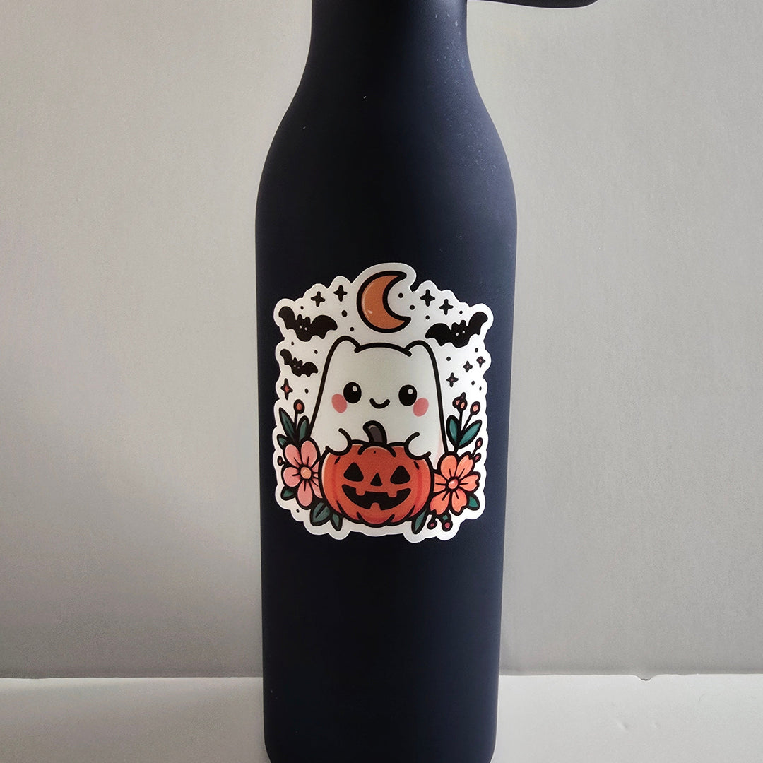 Cute Halloween Ghost Sticker – Vinyl Die Cut Ghost with Pumpkin, Flowers &amp; Bats (3”) - Designs by Mysh