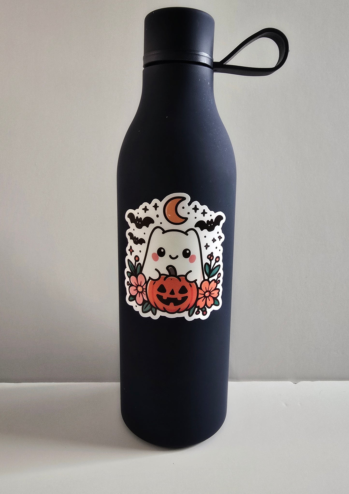 Cute Halloween Ghost Sticker – Vinyl Die Cut Ghost with Pumpkin, Flowers & Bats (3”) - Designs by Mysh