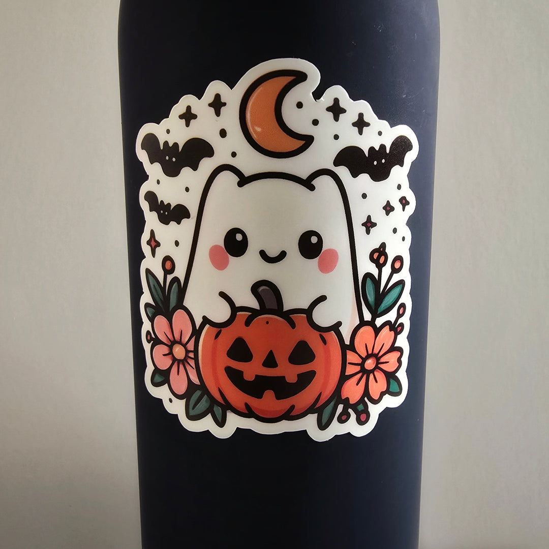 Cute Halloween Ghost Sticker – Vinyl Die Cut Ghost with Pumpkin, Flowers &amp; Bats (3”) - Designs by Mysh