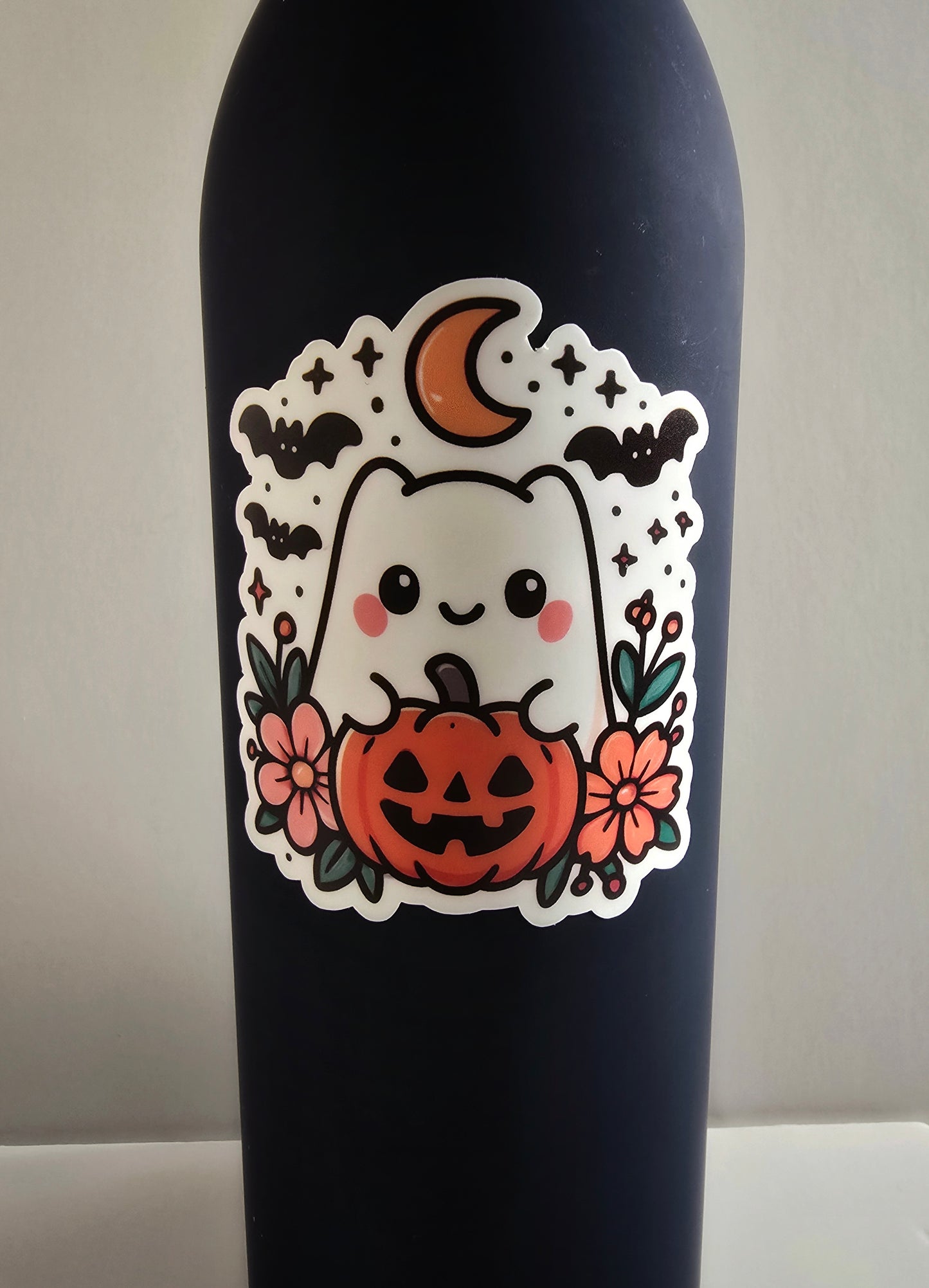 Cute Halloween Ghost Sticker – Vinyl Die Cut Ghost with Pumpkin, Flowers & Bats (3”) - Designs by Mysh
