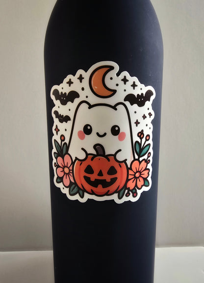Cute Halloween Ghost Sticker – Vinyl Die Cut Ghost with Pumpkin, Flowers & Bats (3”) - Designs by Mysh