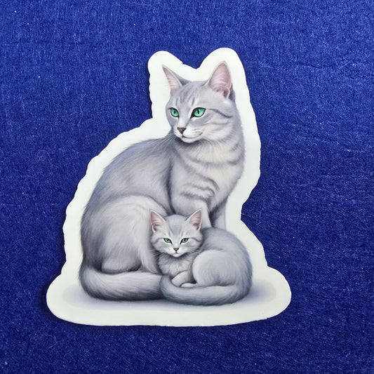 Russian Blue Cat Sticker, Mama & Kitten Vinyl Decal, Elegant Cat Lover Gift, Waterproof Laptop or Journal Decor