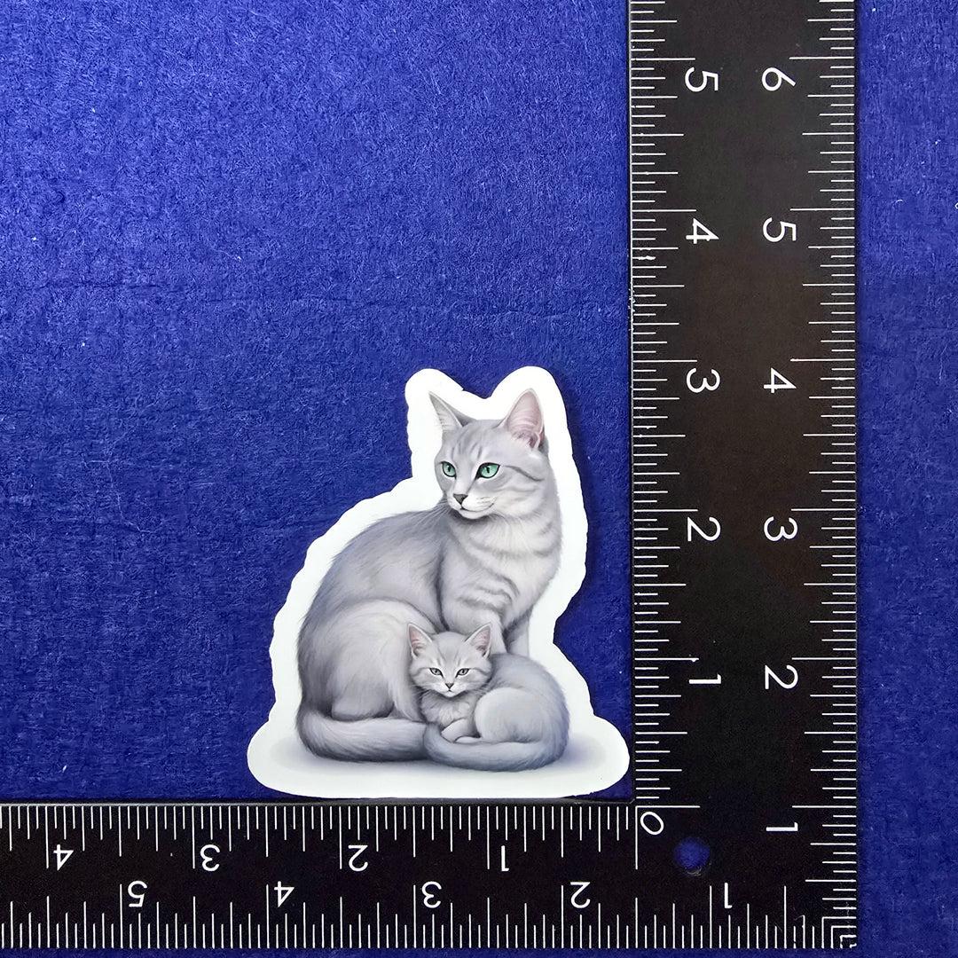 Russian Blue Cat Sticker, Mama & Kitten Vinyl Decal, Elegant Cat Lover Gift, Waterproof Laptop or Journal Decor - Designs by Mysh
