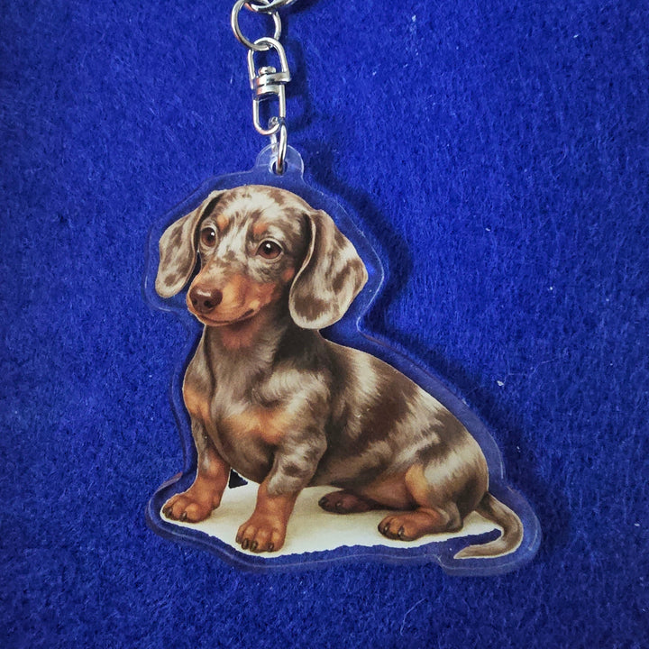 Keychain with a dachshund design on a blue background