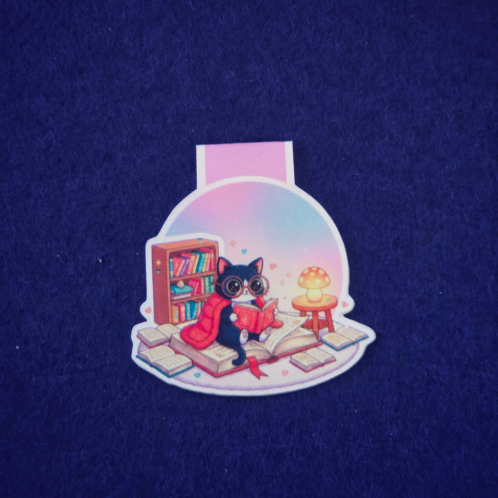 A cat with glasses reading a book