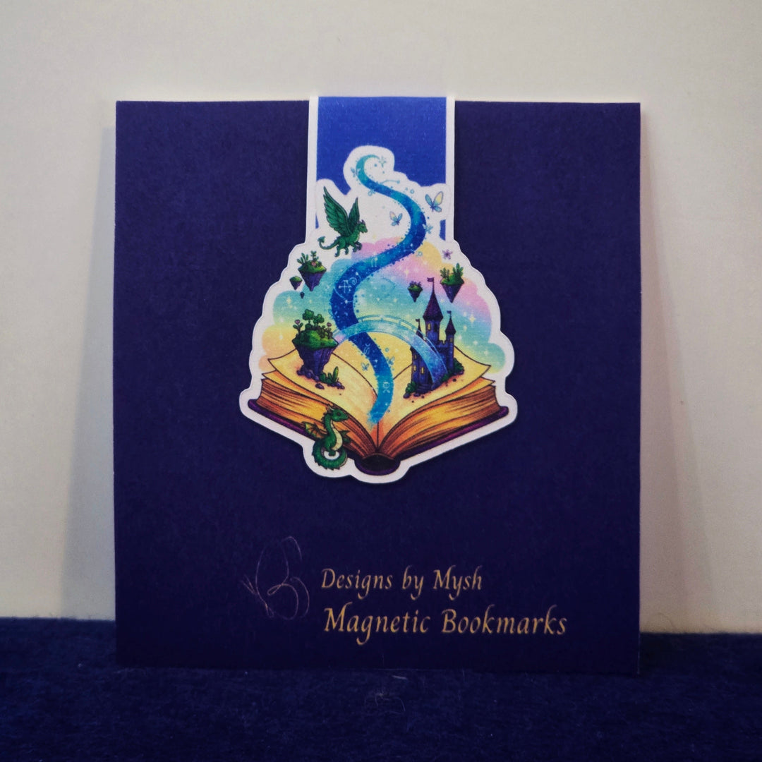 Navy blue card with a colorful dragon design and text &