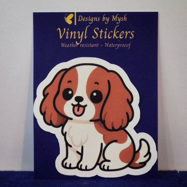 Vinyl sticker of a dog design on a blue card with &