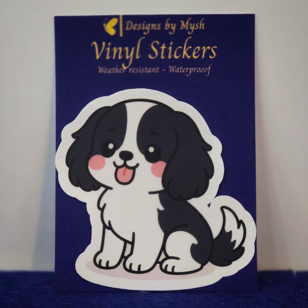 Vinyl sticker of a dog design on a blue card with &