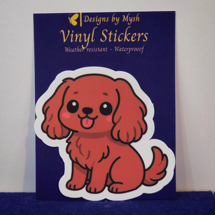 Vinyl sticker of a dog on a blue card with &