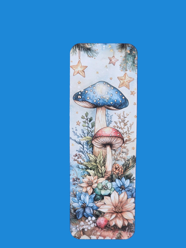 Decorative bookmark with mushrooms and flowers on a blue textured background